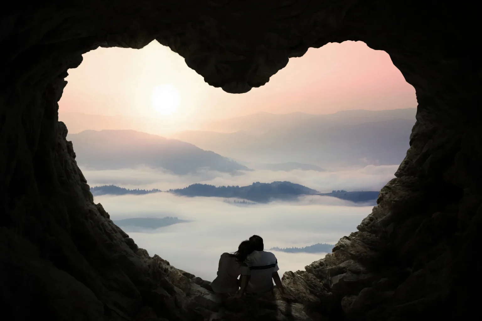 Romantic couple enjoy mountain view in cave 494762352 2125x1417